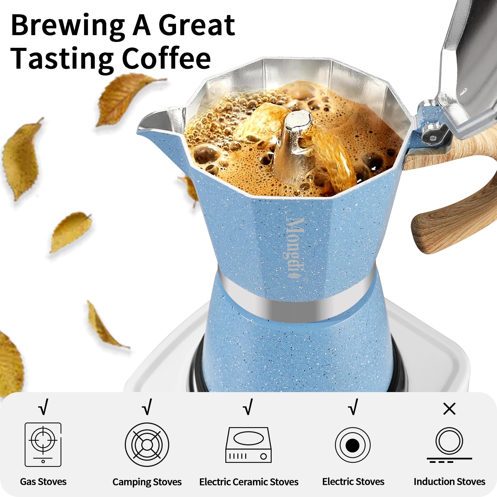 Mongdio blue moka pot top view showcases a compact kitchen appliance.