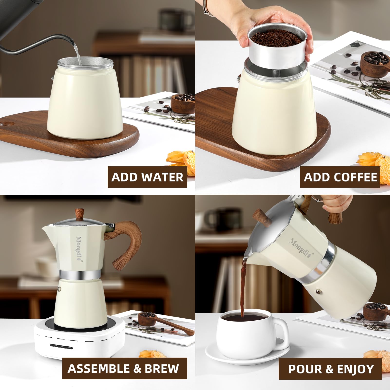 Mongdio coffee pour spout ready for serving hot, aromatic espresso