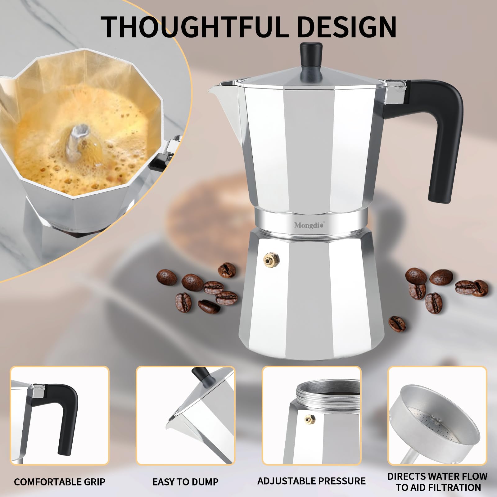 Mongdio durable aluminum espresso pot delivering fast, even heating