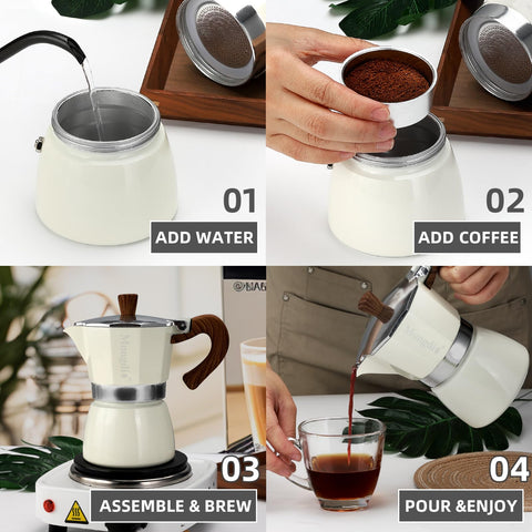 Mongdio compact 3-cup stovetop espresso pot fits small kitchens.