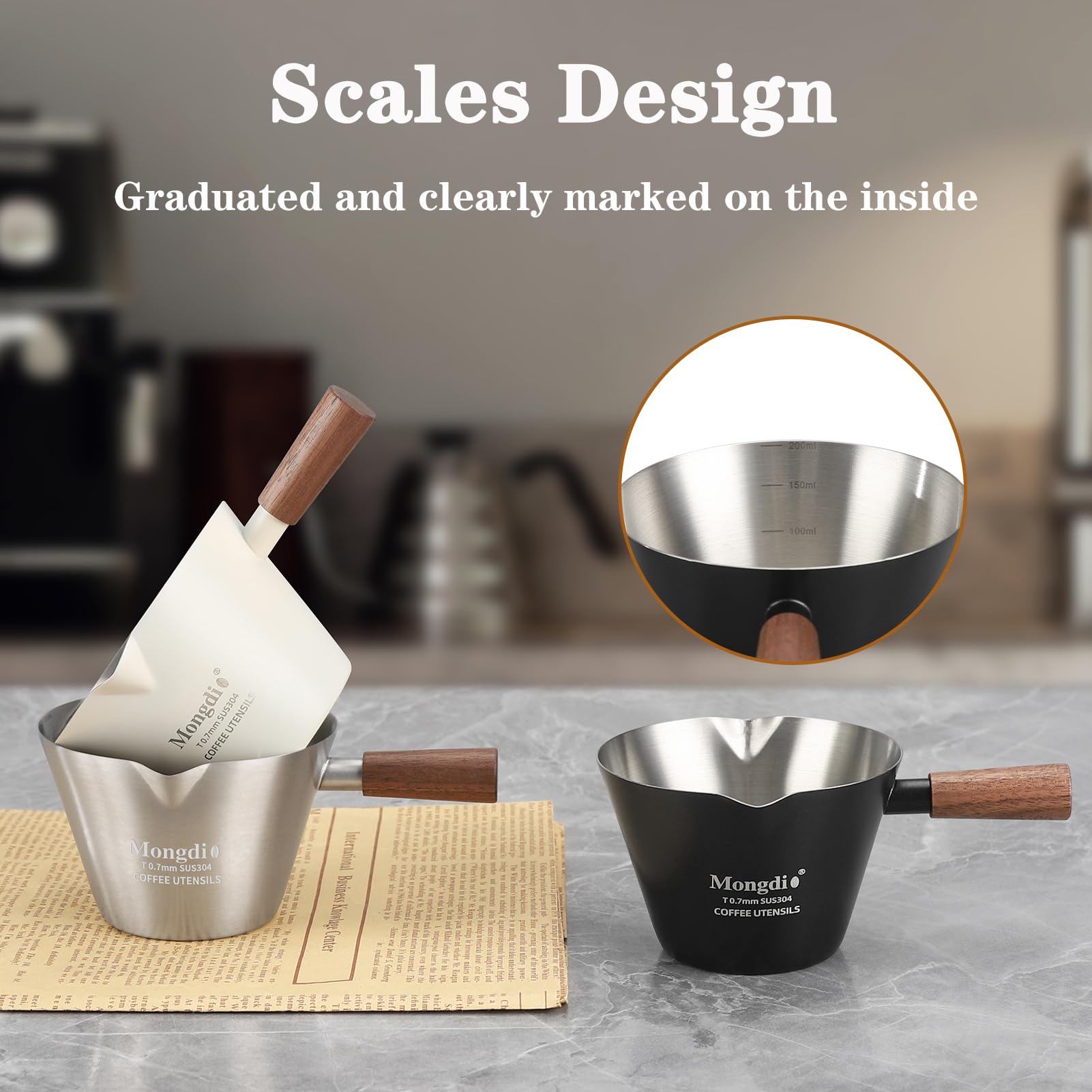 Mongdio easy-clean espresso measuring cup for quick maintenance.