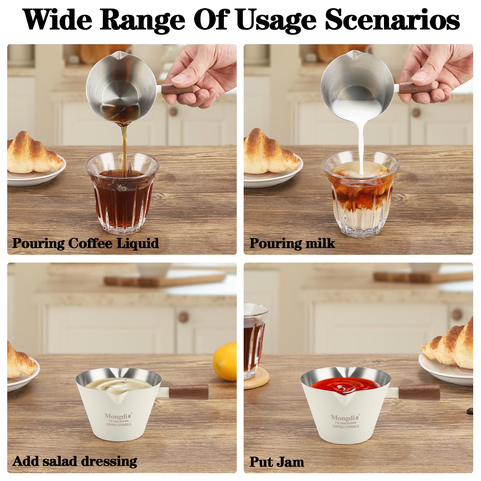 Mongdio espresso measuring cup with dual spouts for flexible pouring.