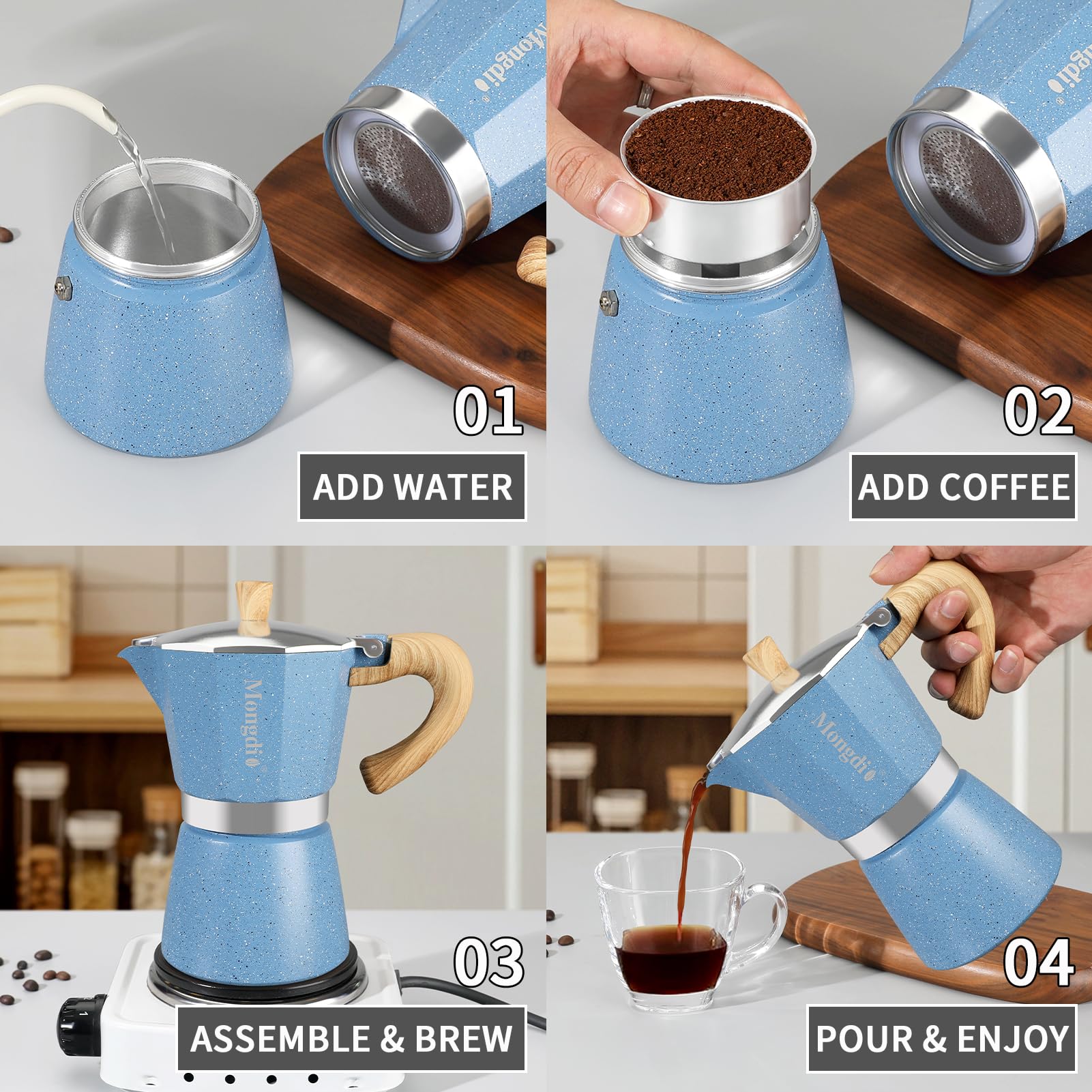 Mongdio espresso pours into a cup, showing a smooth extraction.