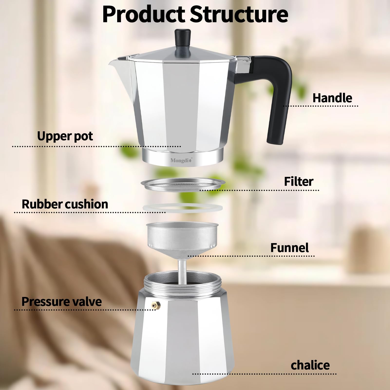 Mongdio moka pot featuring classic Italian Greca styling for authentic look