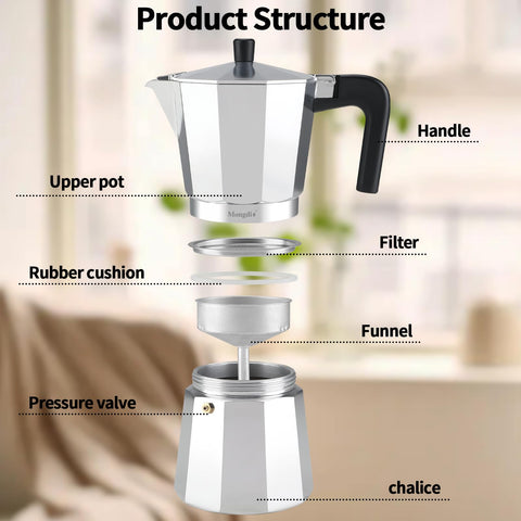 Mongdio moka pot featuring classic Italian Greca styling for authentic look