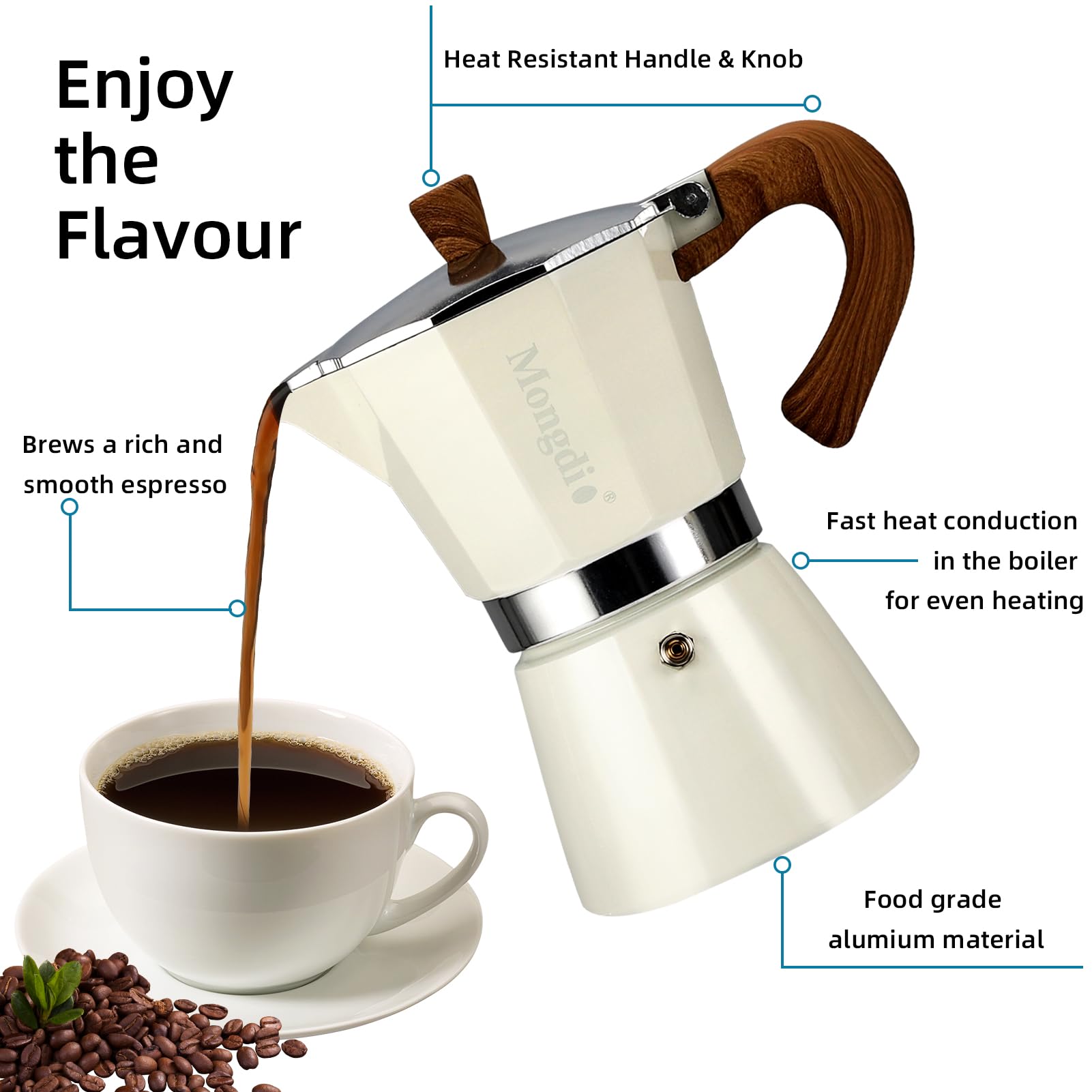 Mongdio Moka pot design highlights heat-efficient aluminum body.