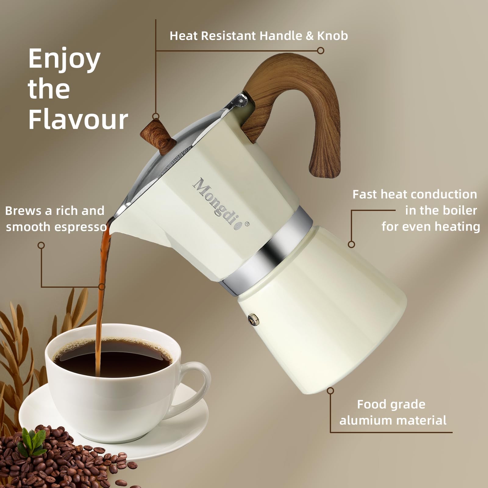 Mongdio moka pot top view shows secure seal and timeless Italian design