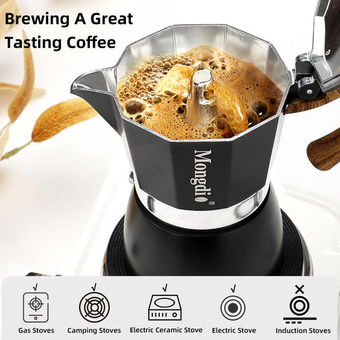 Mongdio safety valve detail ensures controlled pressure during brewing.