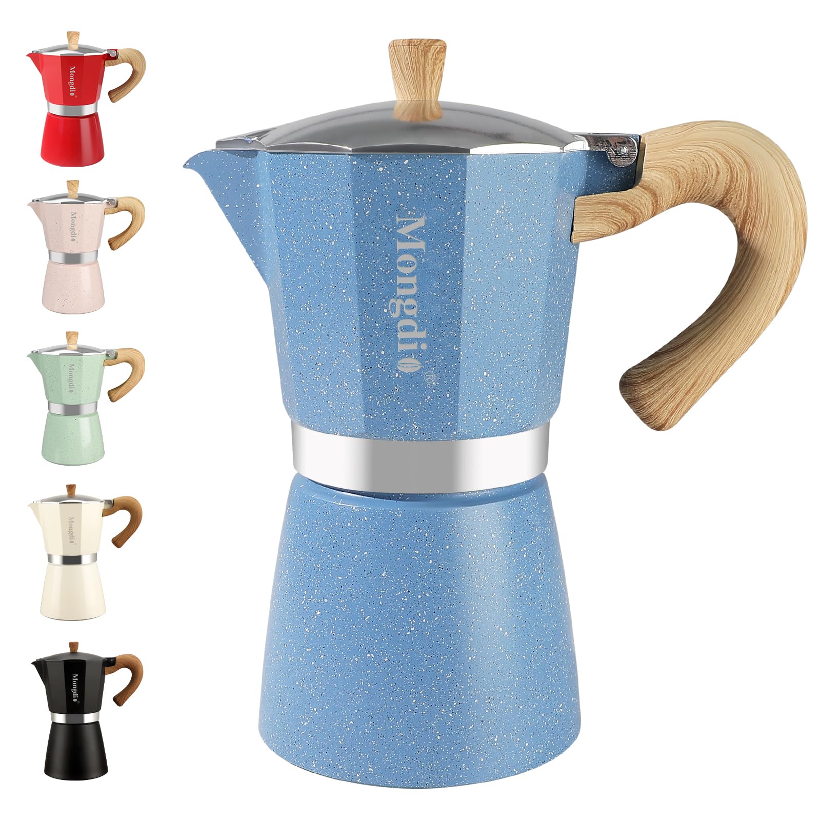 Mongdio stovetop espresso maker in blue delivers rich, at-home espresso.