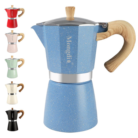 Mongdio stovetop espresso maker in blue delivers rich, at-home espresso.
