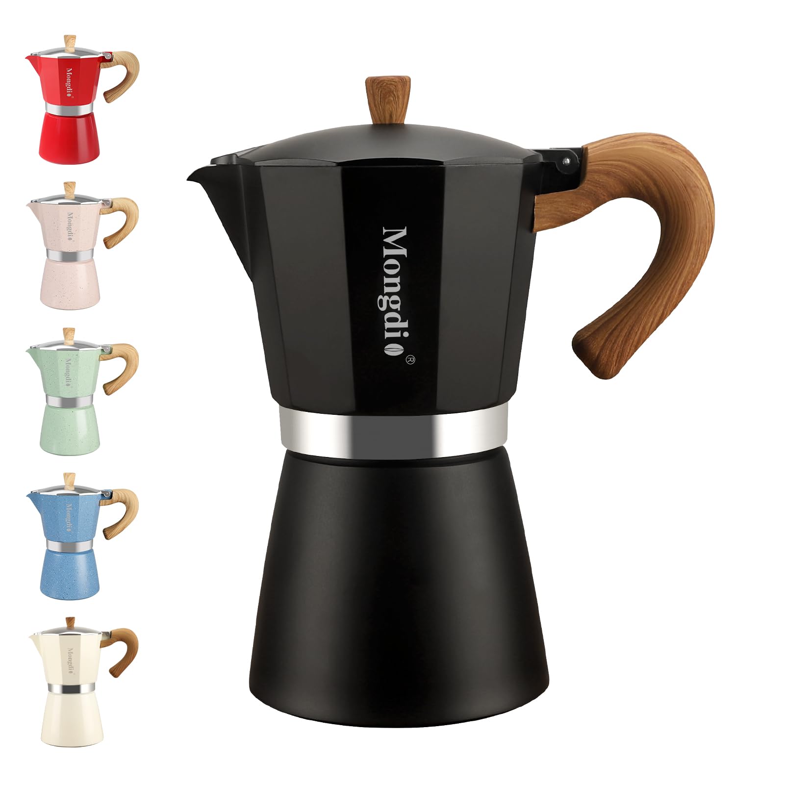 Mongdio stovetop espresso maker front view, compact Italian design for rich coffee.