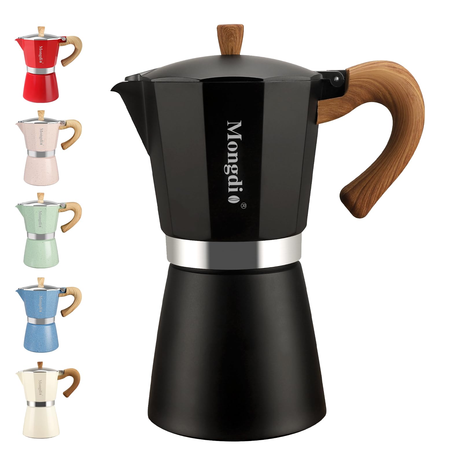 Mongdio stovetop espresso pot 9-cup design for café-style espresso at home.