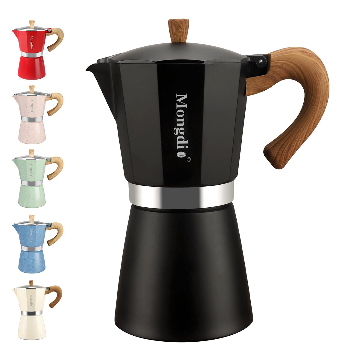 Mongdio stovetop espresso pot 9-cup design for café-style espresso at home.