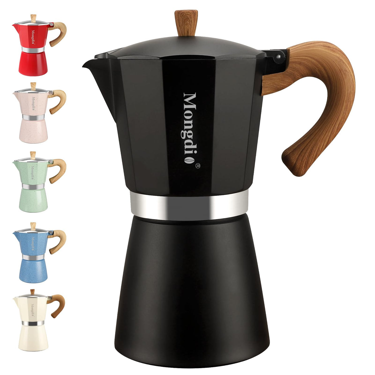 Mongdio stovetop espresso pot in black ready to brew rich coffee at home