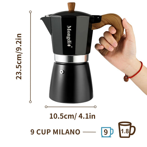 Mongdio moka pot pour spout for clean, mess-free serving.