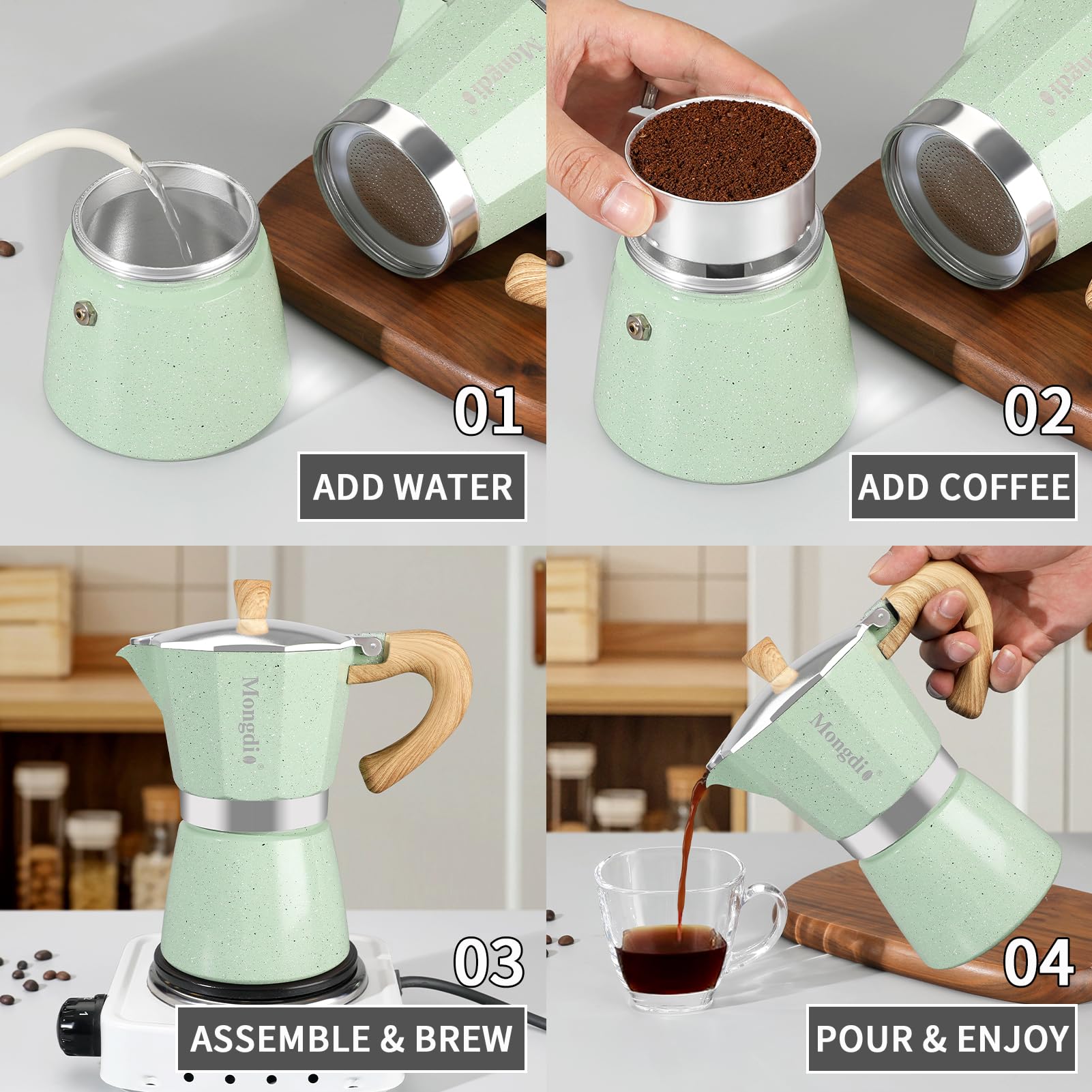 Bottom view of green Mongdio moka pot demonstrating even heat distribution.