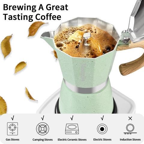 Mongdio pot on stove in kitchen ready to brew espresso.