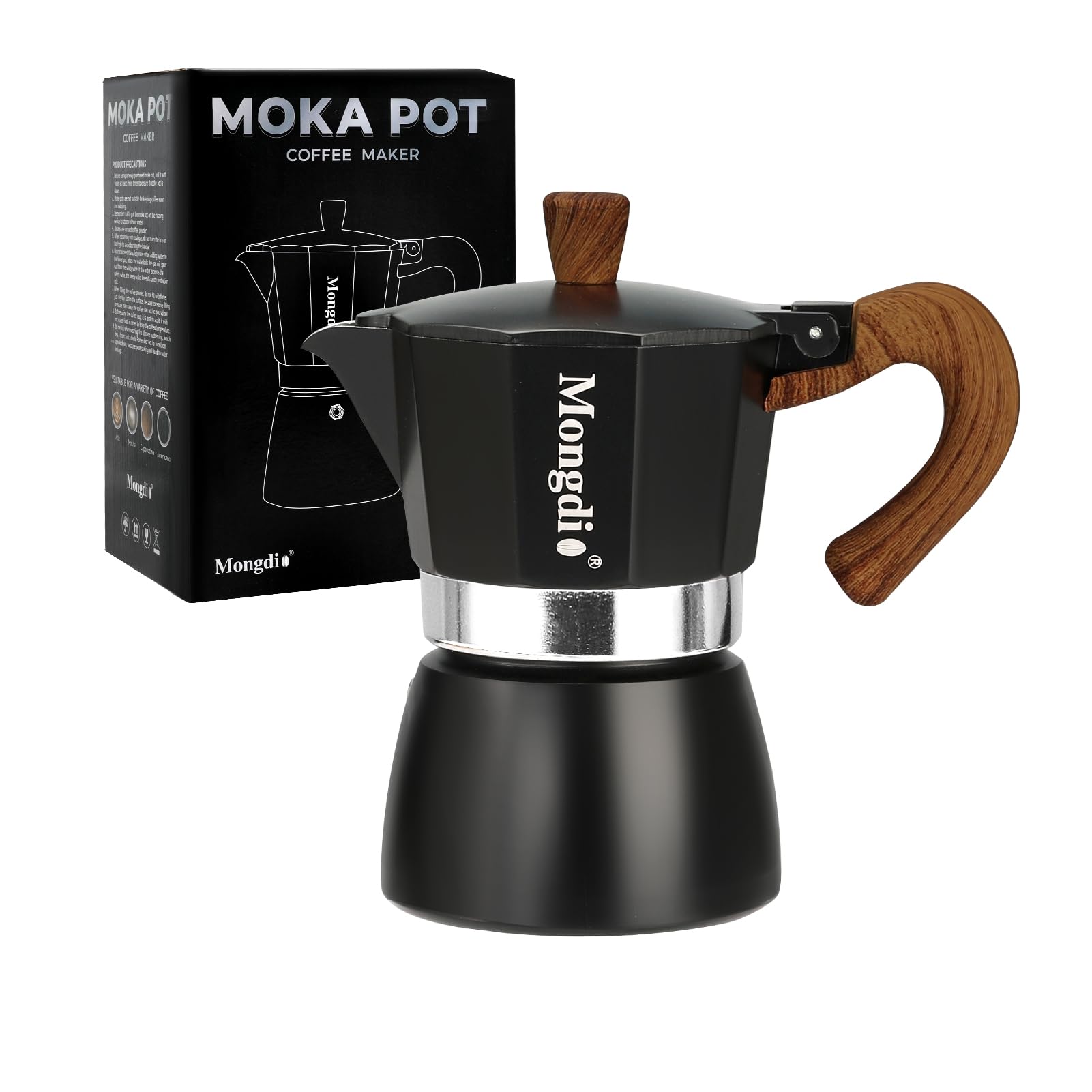 Mongdio stovetop espresso pot top view highlighting compact Italian design.