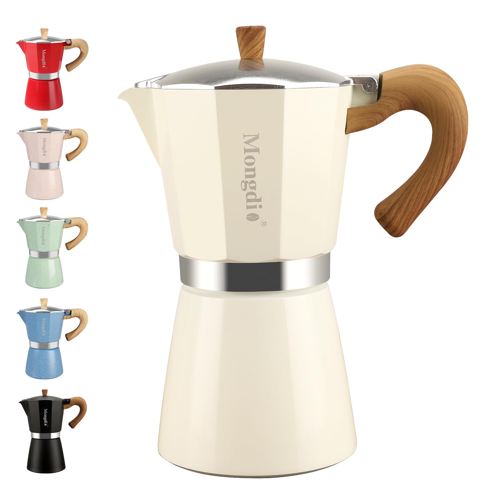 Mongdio stovetop espresso pot in white finish for rich, café-style brews at home
