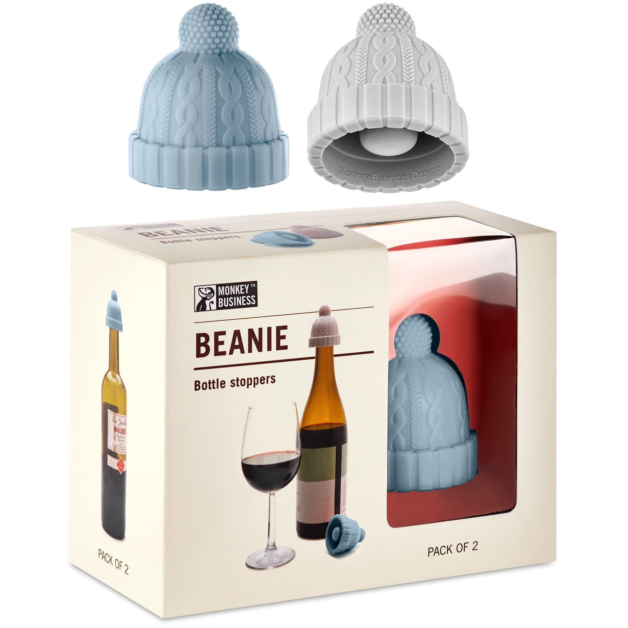 Monkey Business Beanie Cap blue-grey bottle stoppers in gift box, ready for gifting