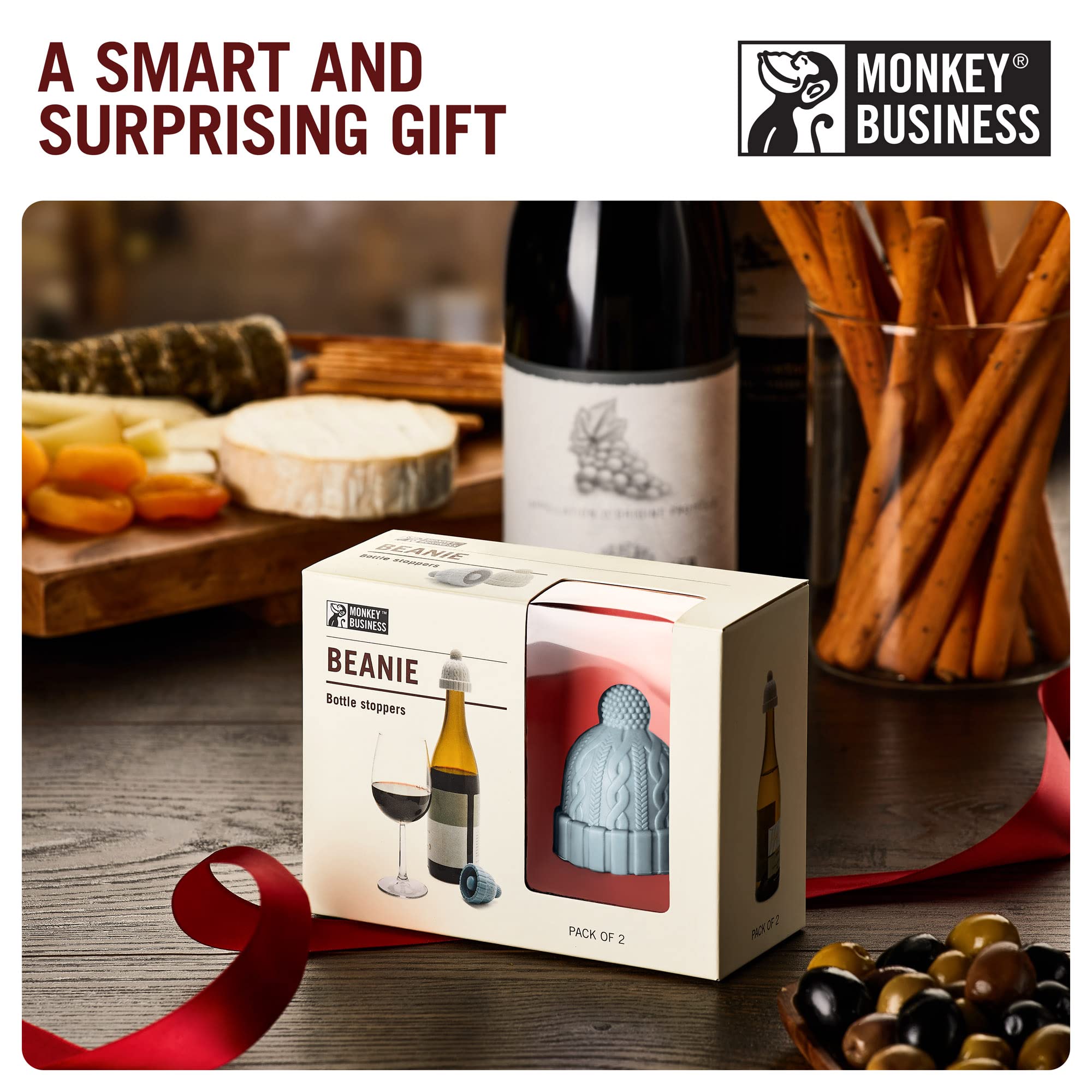 Monkey Business Beanie Cap on wine bottle showing snug fit
