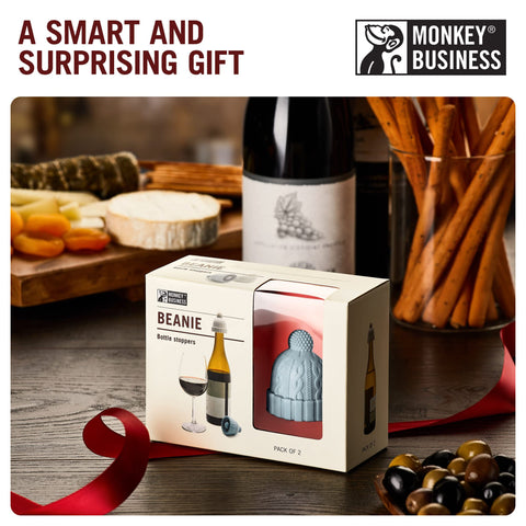 Monkey Business Beanie Cap on wine bottle showing snug fit
