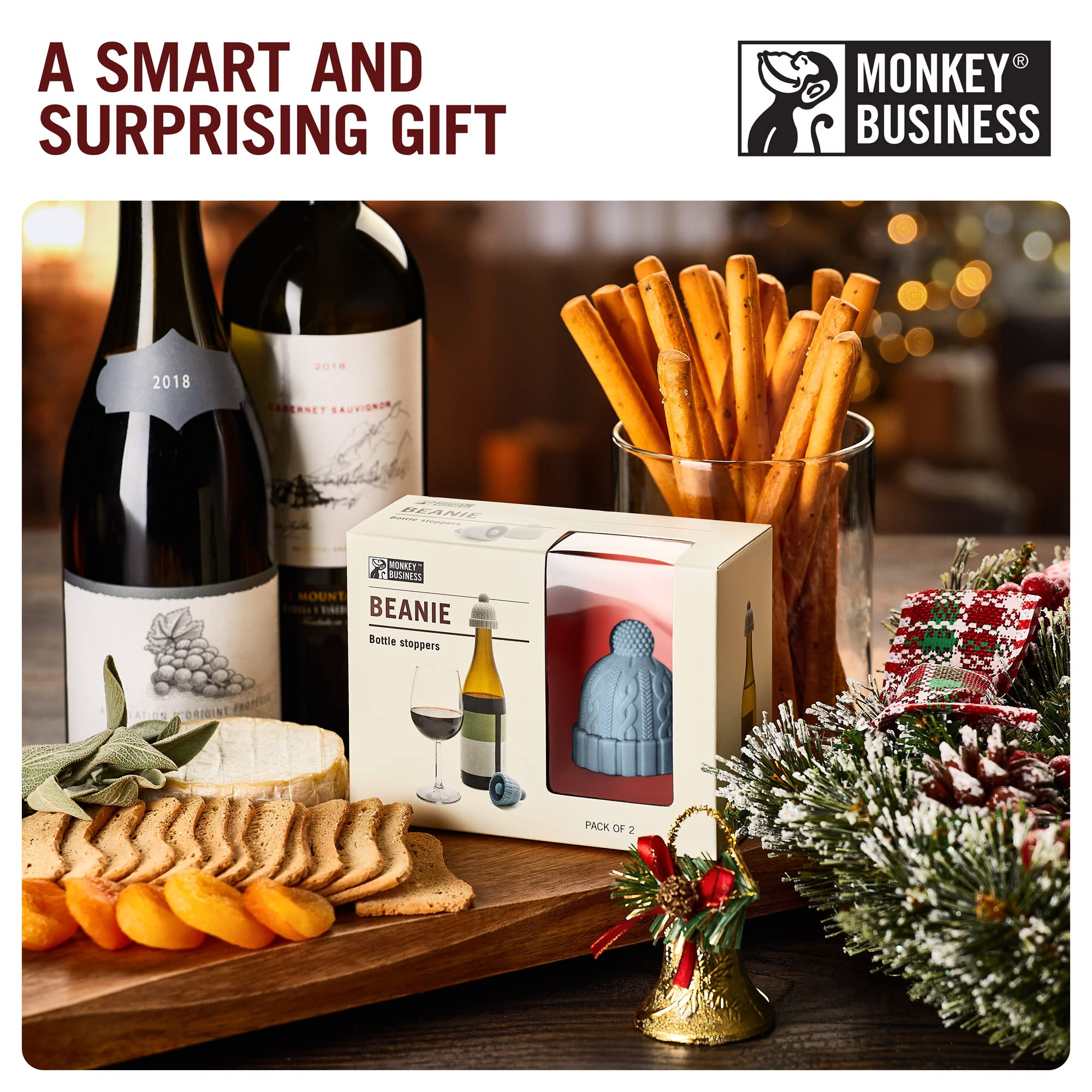 Monkey Business Beanie Cap novelty wine stopper on bar counter