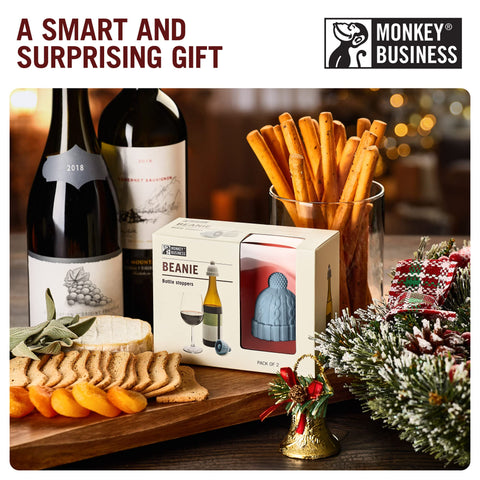 Monkey Business Beanie Cap novelty wine stopper on bar counter