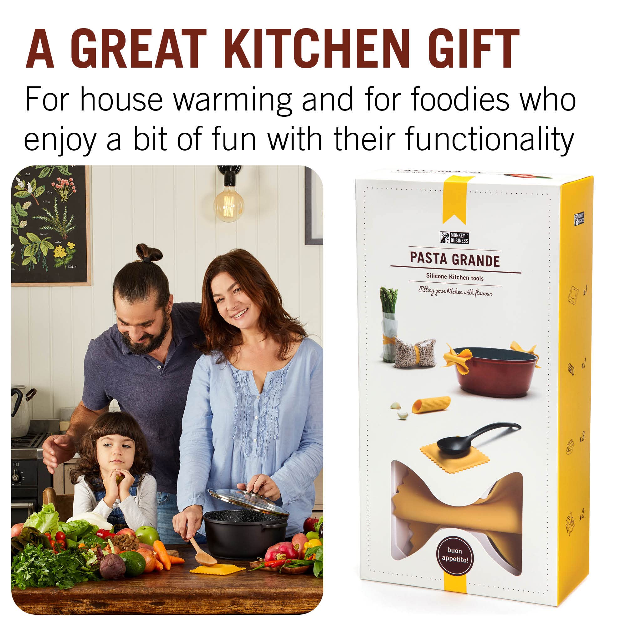 Gift box open, displaying the four pasta-shaped silicone tools.