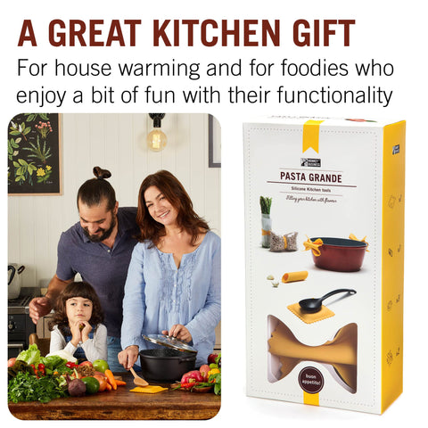Gift box open, displaying the four pasta-shaped silicone tools.