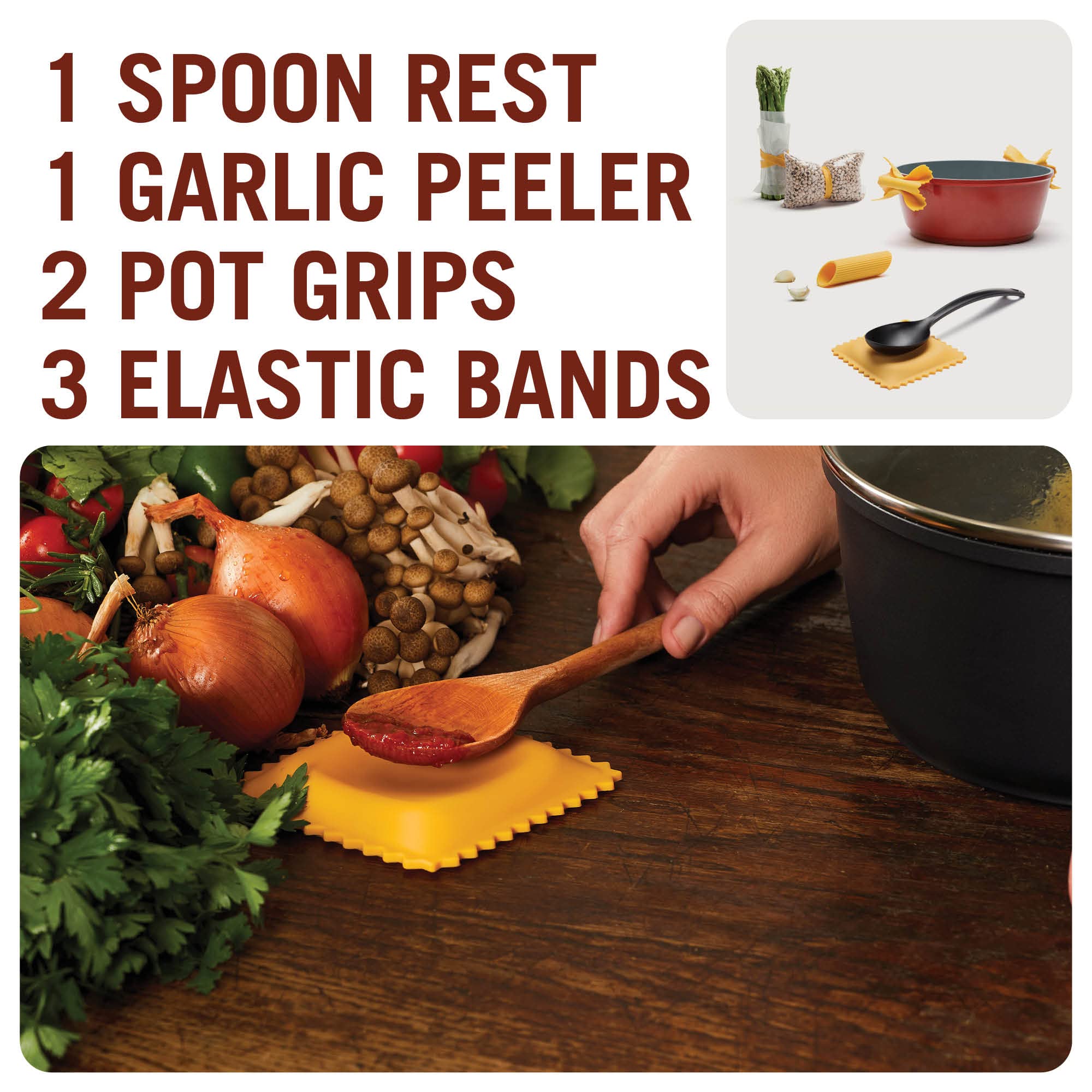 Spoon rest on counter paired with Pasta Grande tools for clean prep surfaces.