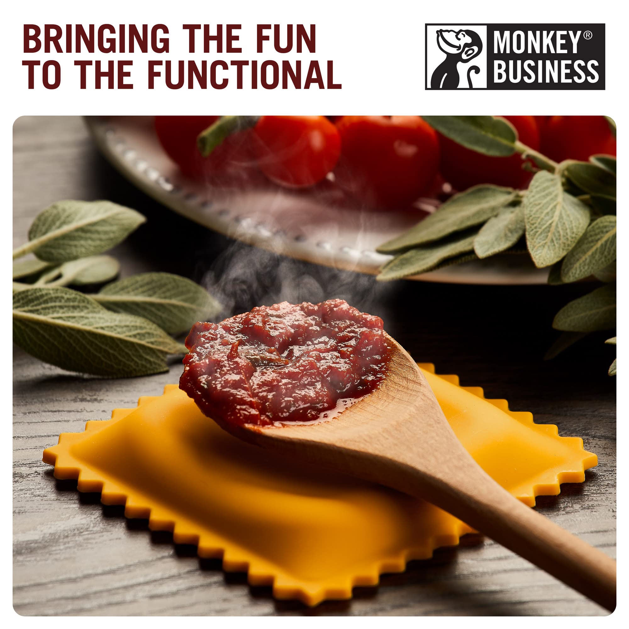 Monkey Business ravioli spoon rest center dimple catching drips.