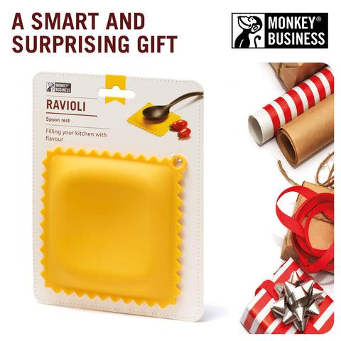 Monkey Business ravioli spoon rest colorful silicone brightens the counter.