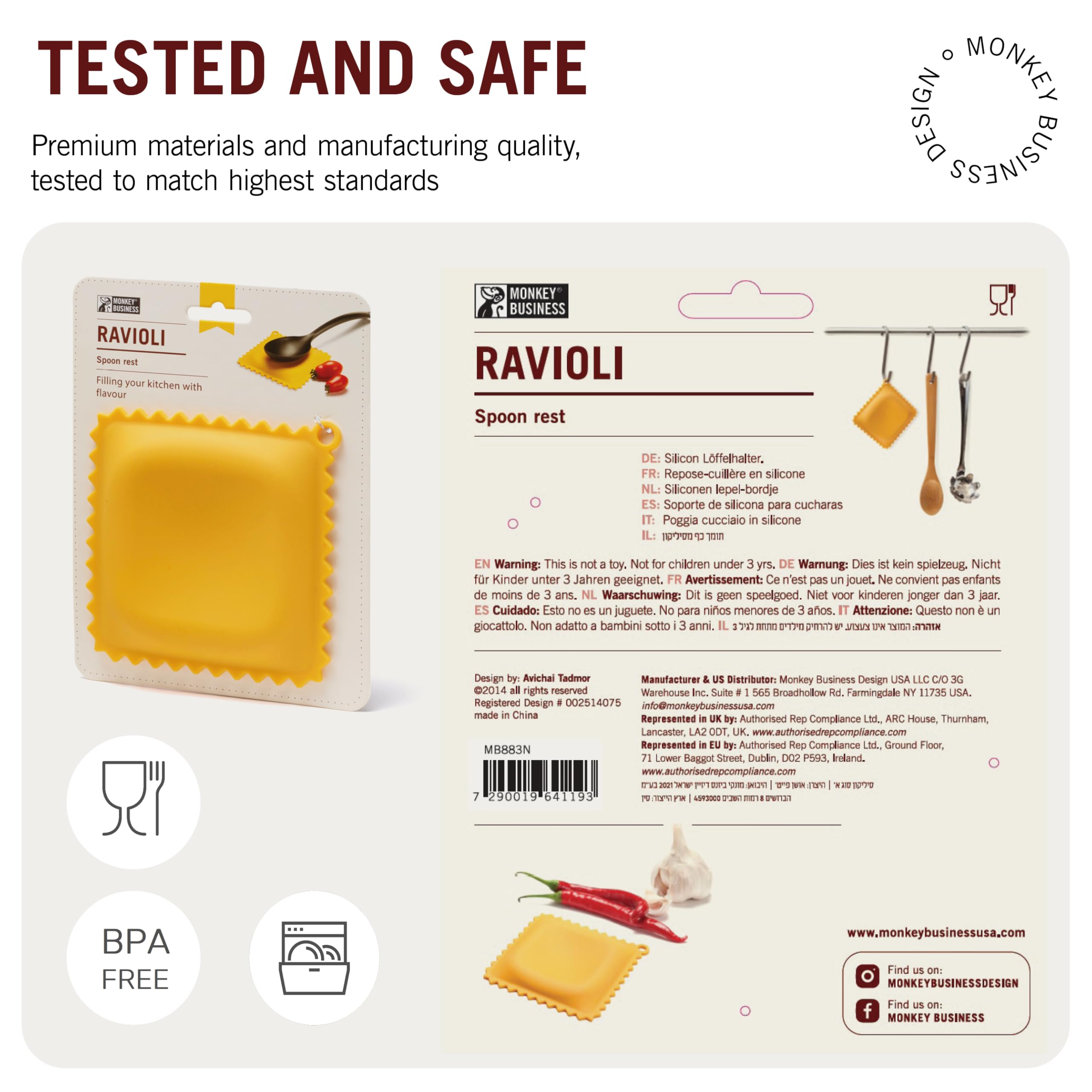 Monkey Business ravioli spoon rest gift-ready packaging.