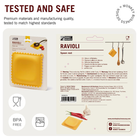 Monkey Business ravioli spoon rest gift-ready packaging.