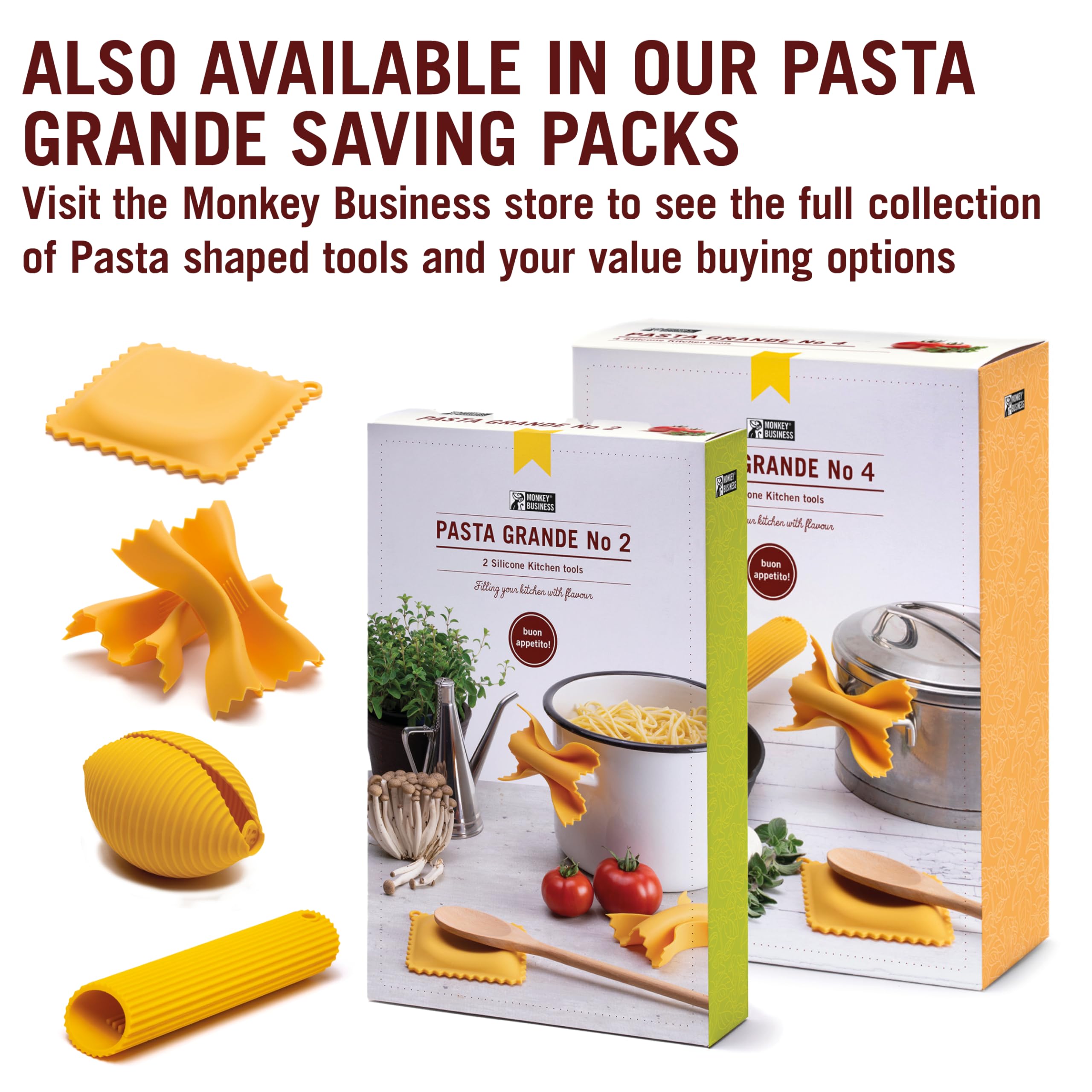 Monkey Business ravioli spoon rest on warm kitchen scene with spatula.