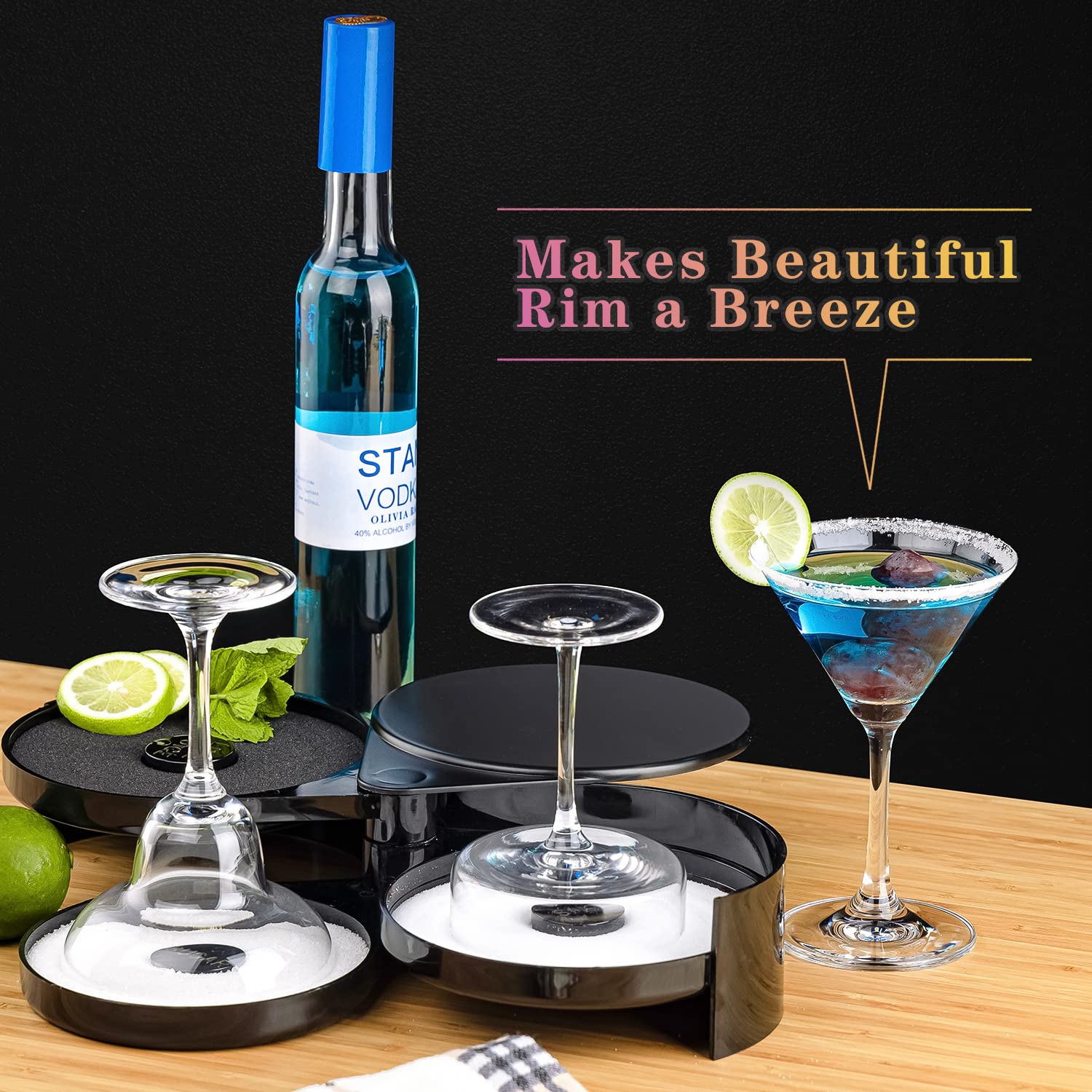 MONKKINO salt, sugar, lime juice compartments organize garnishes for quick access
