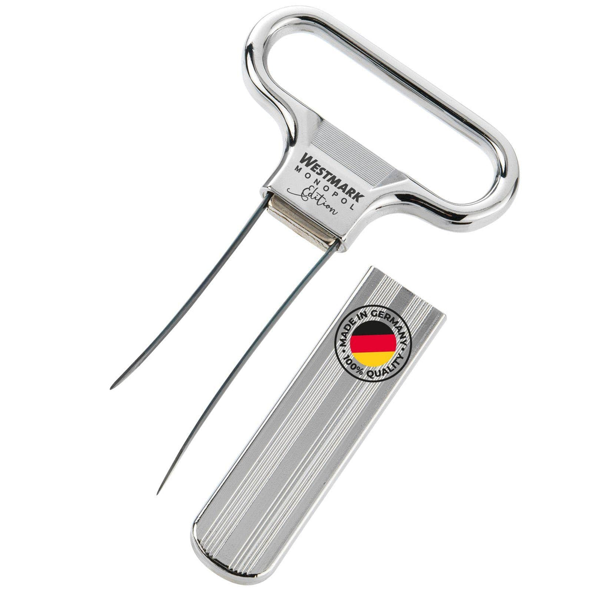 MONOPOL Westmark Germany steel two-prong cork puller with silver satin cover for easy cork extraction.