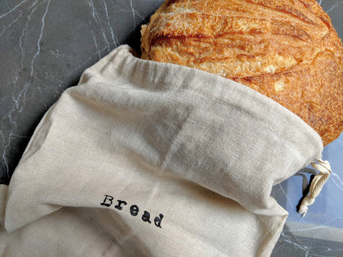 Montecito Home bread storage drawstring closure secures fresh bread aromas.