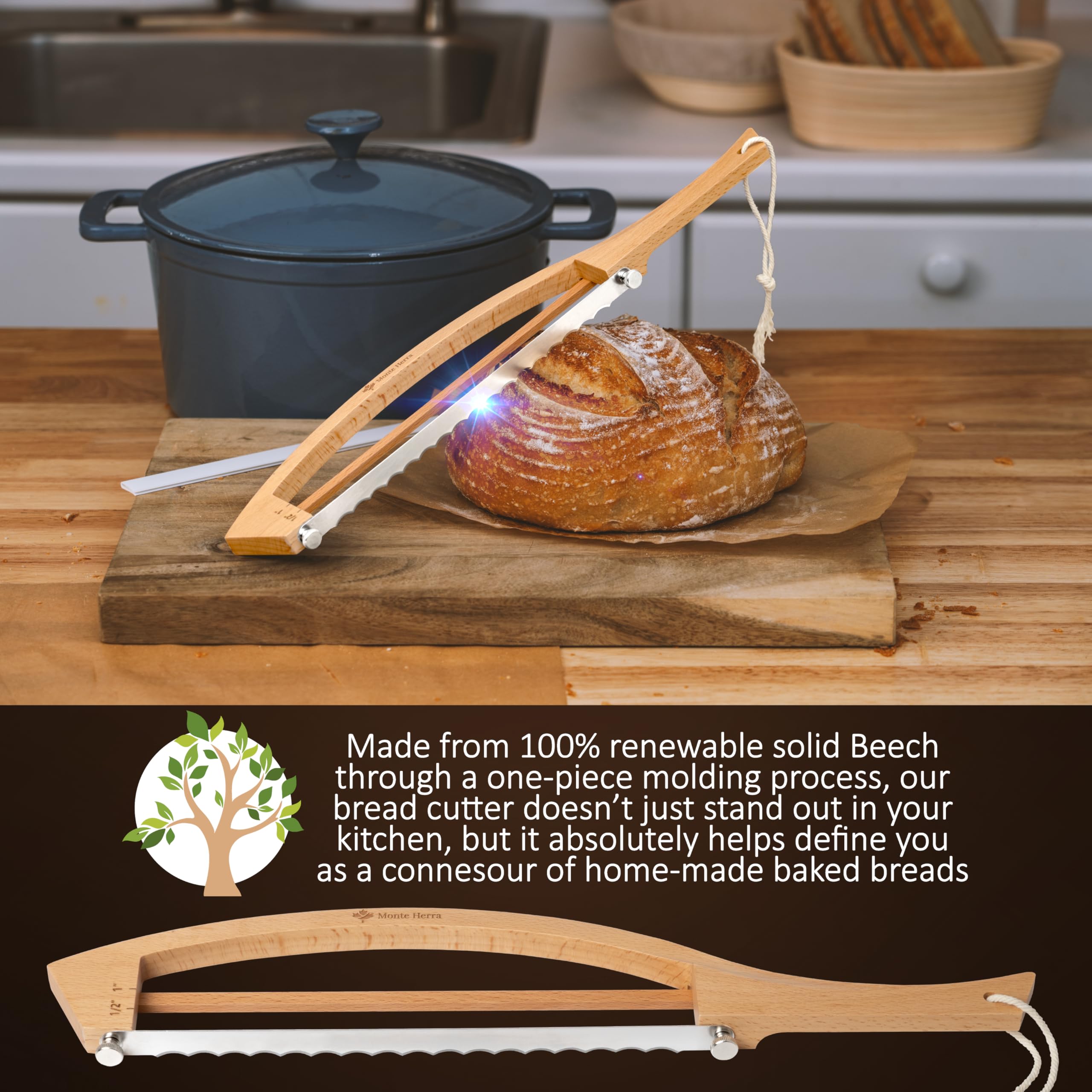 Thickened serrated blade on MonteHerra bread knife for clean crust without crushing crumb