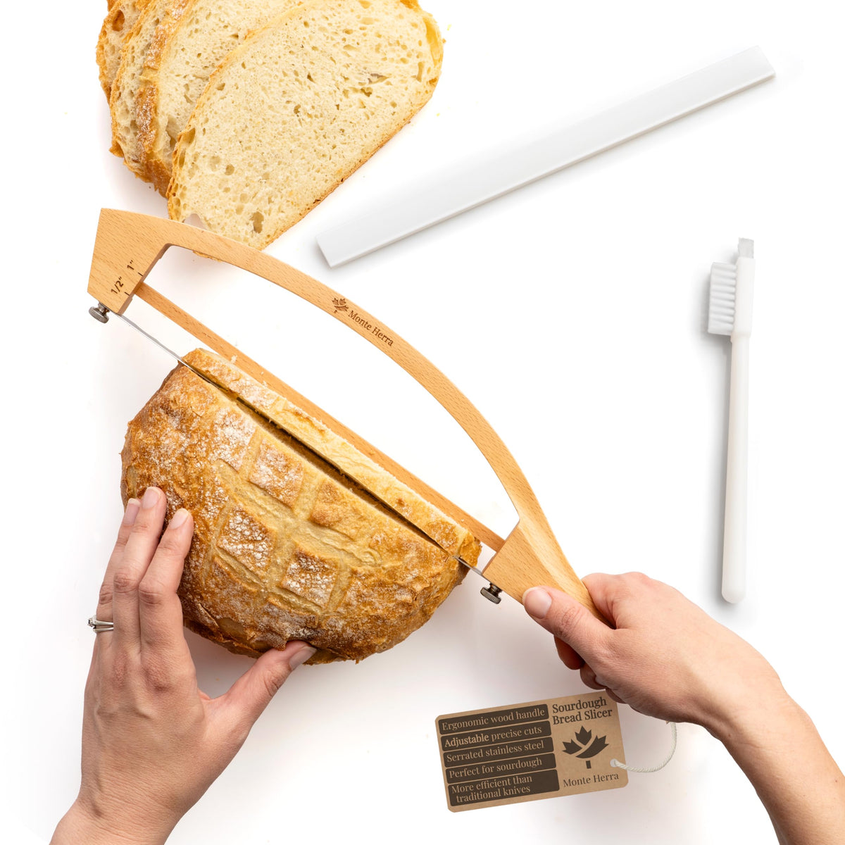 MonteHerra adjustable bread knife with wooden handle for precise artisanal slices at home