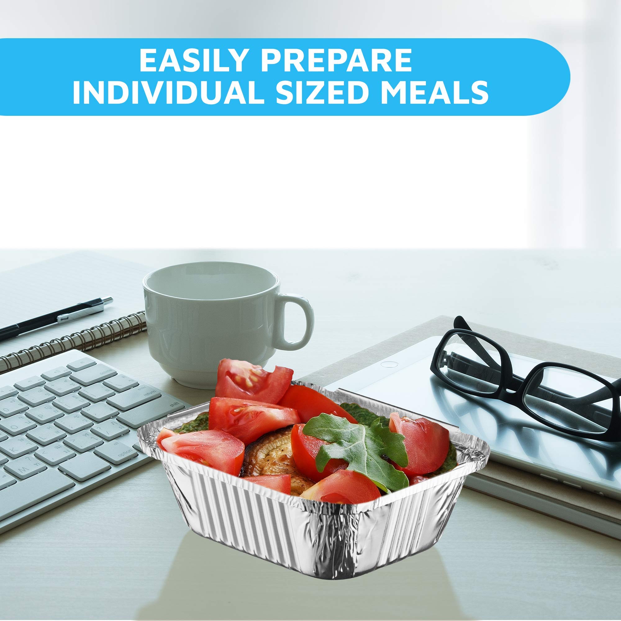 MontoPack 50-pack disposable pans shown as versatile for meal prep and parties.