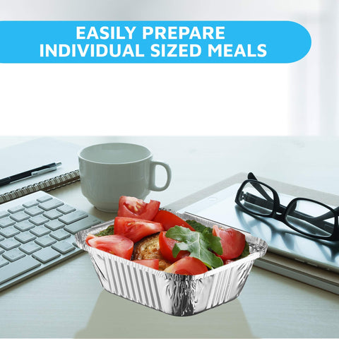 MontoPack 50-pack disposable pans shown as versatile for meal prep and parties.