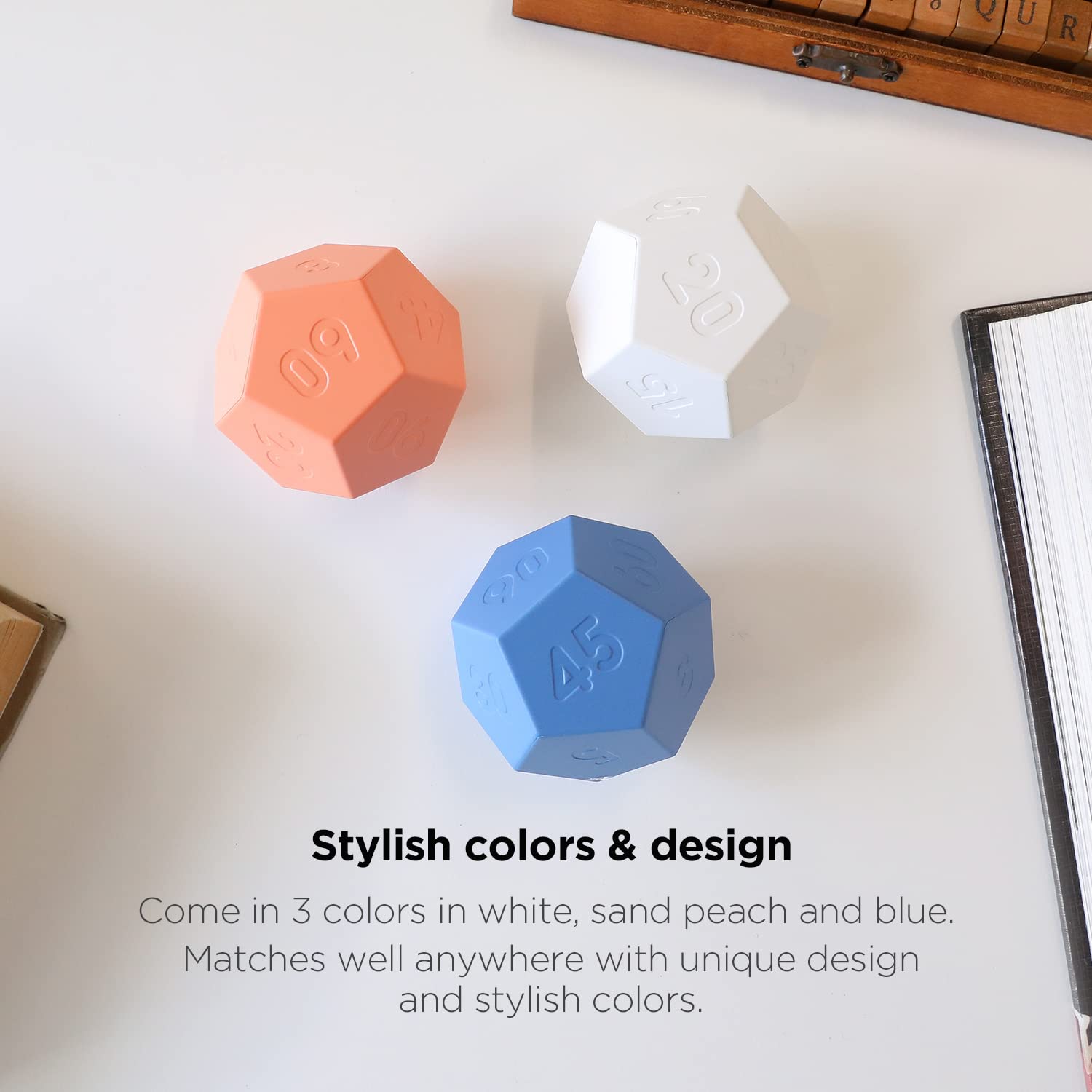 Mooas Dodecagon Time Ball blue on an office desk for daily timing tasks