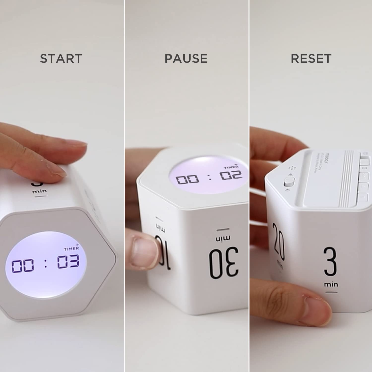 Mooas Clock Cube back view highlighting compact, space-saving design
