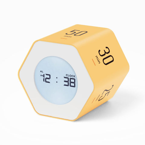 Mooas Multi-Hexagon Clock Cube front view in yellow showing time display for classrooms