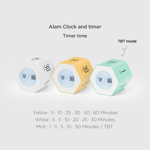 Mooas Clock Cube side with buttons in yellow for quick timer adjustments