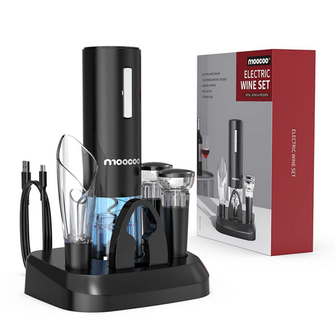 Moocoo electric wine opener on charging base ready for storage and charging