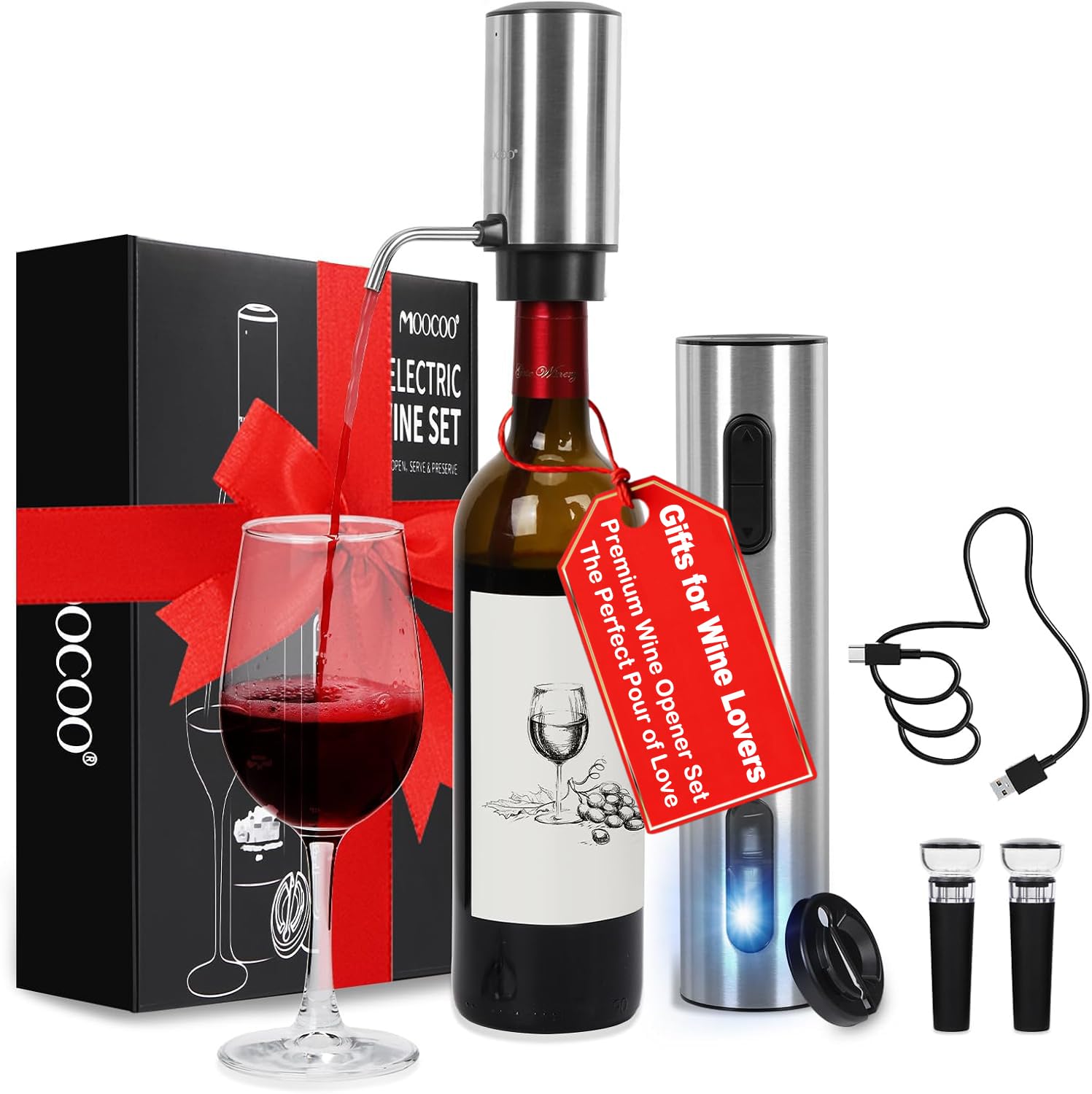 Moocoo electric wine opener in action, cork removal made simple for gatherings.