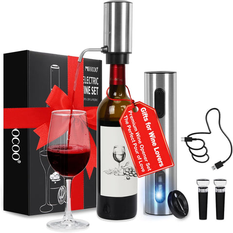 Moocoo electric wine opener in action, cork removal made simple for gatherings.
